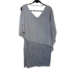 J Kara Dress Caplet V-Neck Short Cocktail Beaded Dress Size 8 Dusty Blue NWT